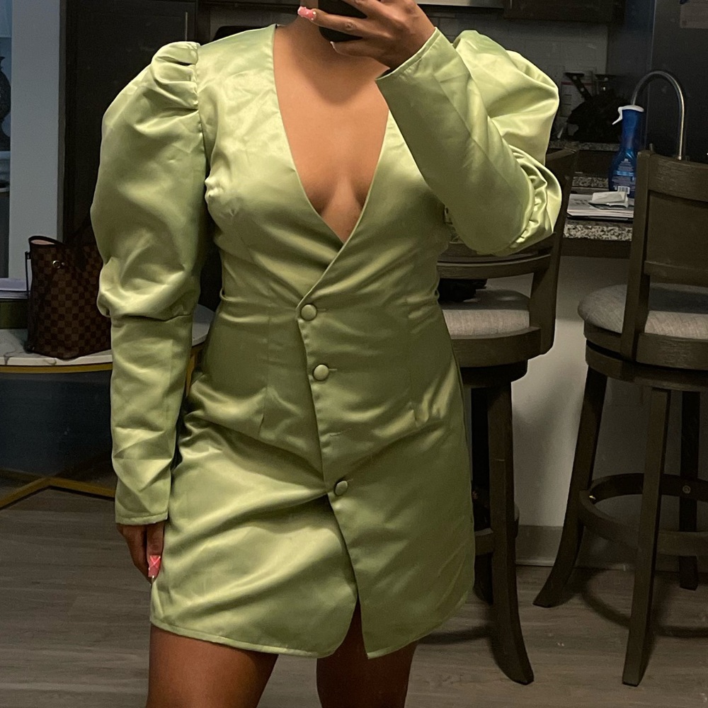 Sage green satin puff sleeve blazer dress